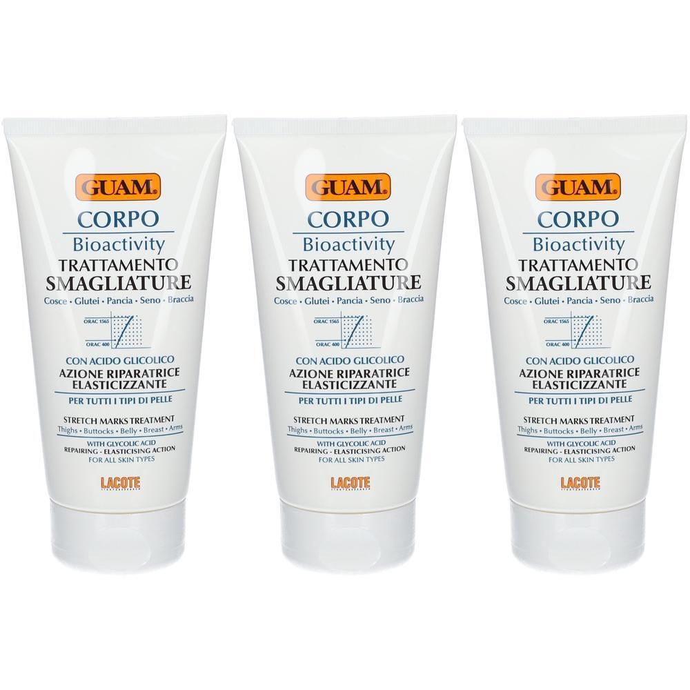 Drie witte tubes GUAM CORPO Bioactivity Striae Behandeling. Bevat glycolzuur.