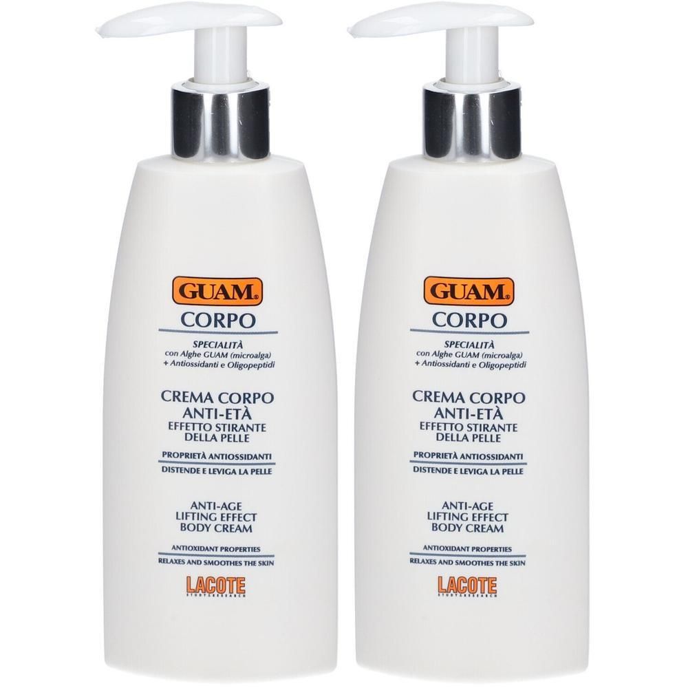 Deux flacons pompe blancs de crème corporelle anti-âge GUAM CORPO avec un collier argenté.