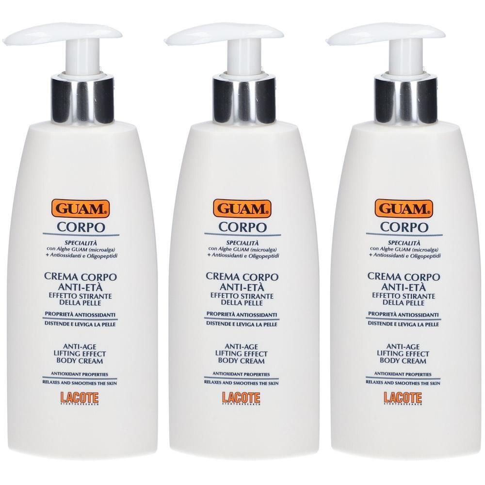 Trois flacons pompe blancs GUAM CORPO Crème Corps Anti-Âge Lifting.