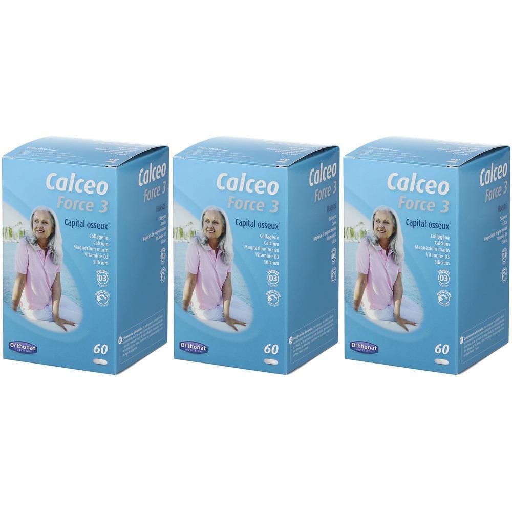 Drie pakken Calceo Force 3, elk 60 capsules. Blauwe doos met afbeelding van een vrouw.
