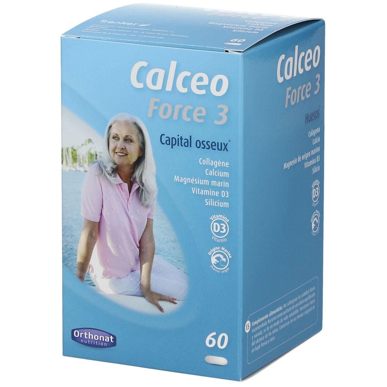Doos Calceo Force 3 met 60 capsules. Bevat collageen, calcium, zeemagnesium, vitamine D3, silicium.