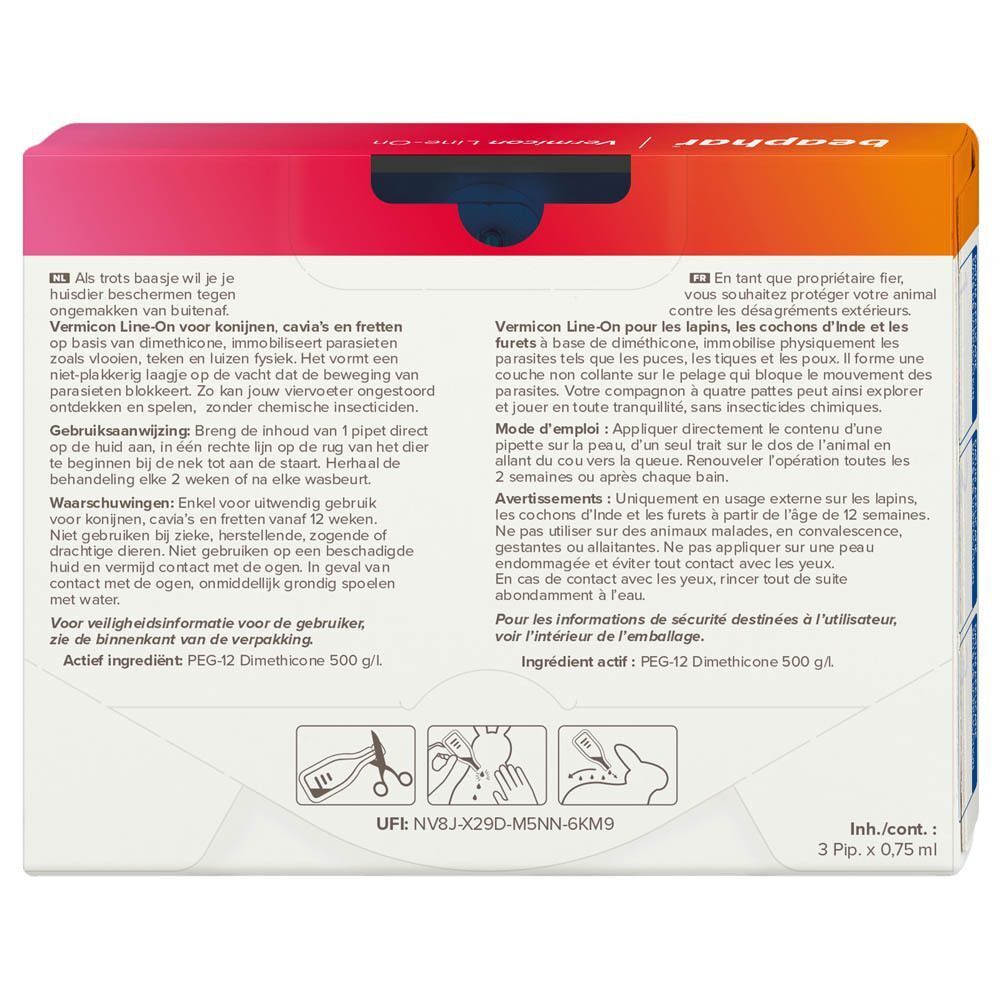 Beaphar Vermicon Line-On verso : instructions d'utilisation et avertissements pour rongeurs et lapins.