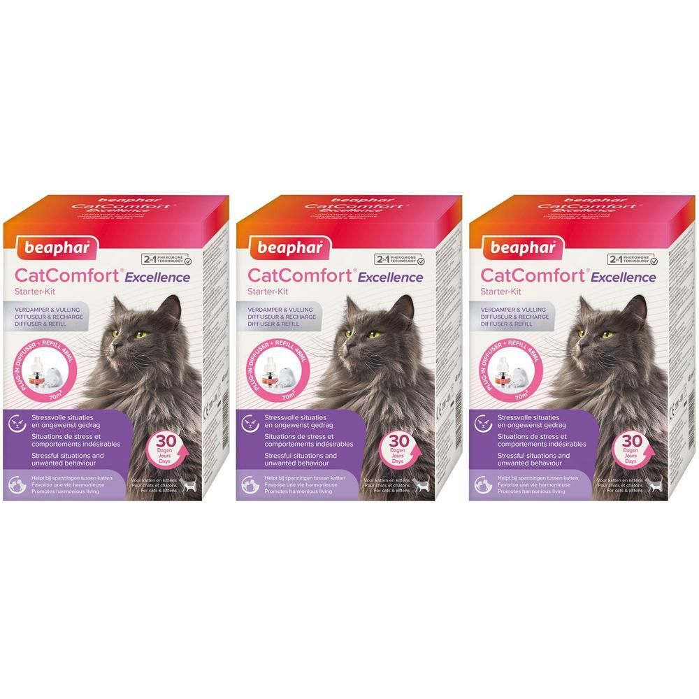 Trois kits de démarrage Beaphar CatComfort Excellence, chacun pour 30 jours. Emballage cartonné avec motif de chat.