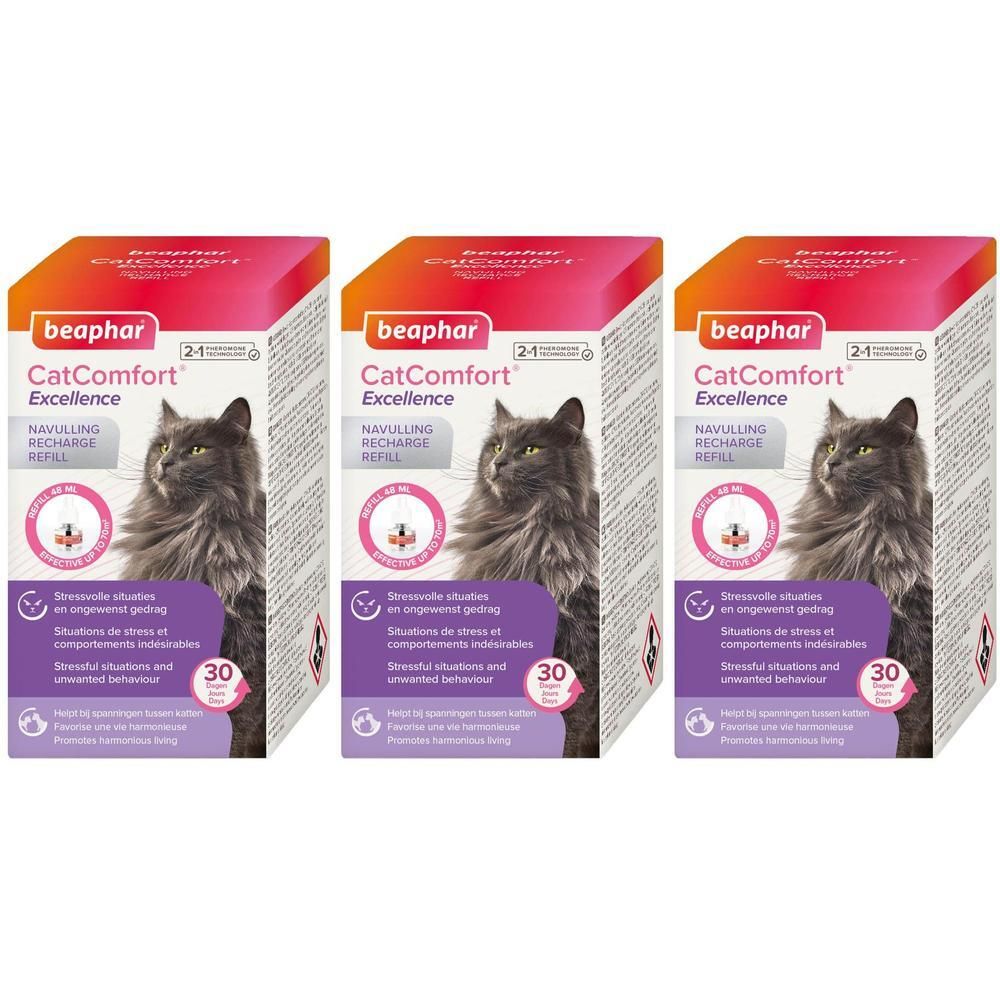 Trois recharges Beaphar CatComfort Excellence avec motif de chat.