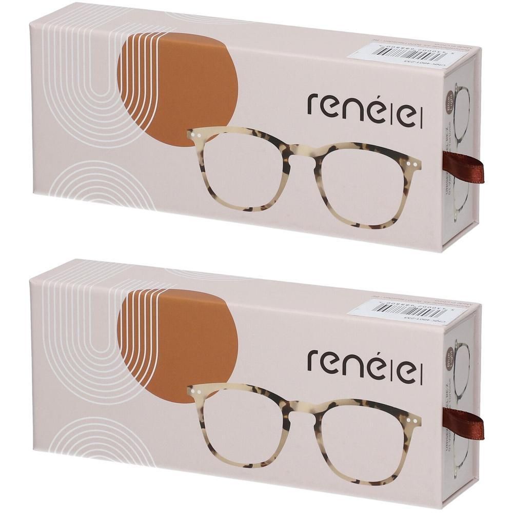 Deux boîtes de lunettes René(e) Lunettes Blue Light, motif Vanille Latte Tortoise.