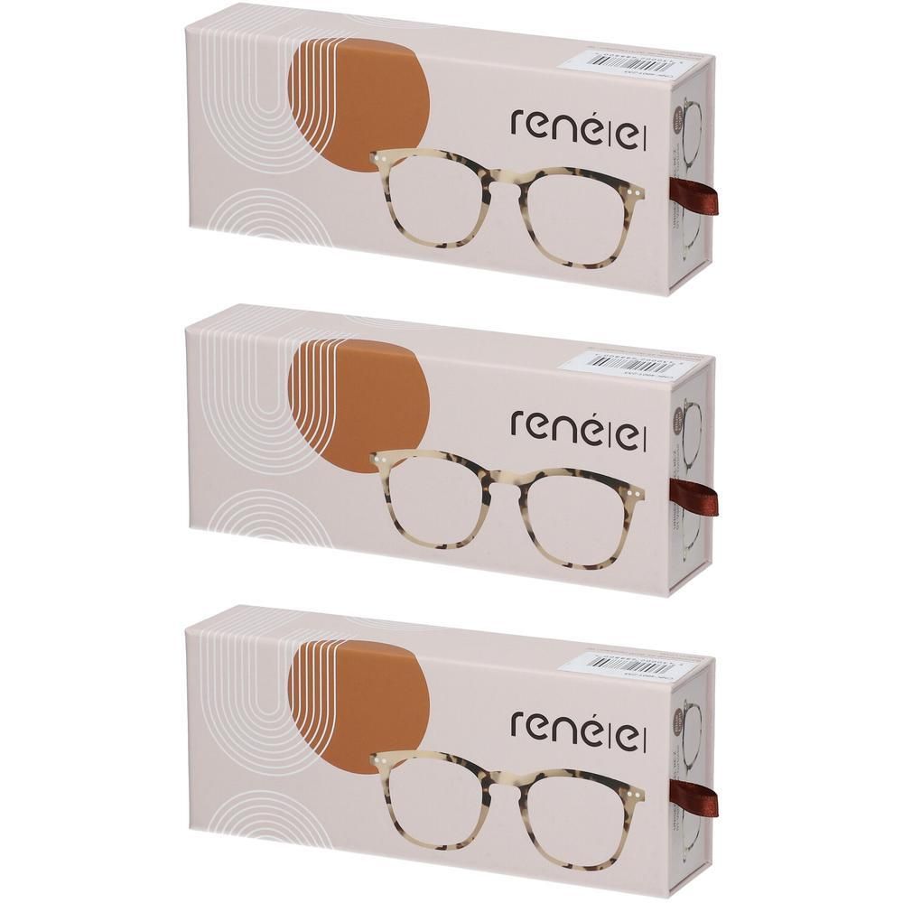 Drie dozen met René(e) Lunettes Blue Light brillen in vanille latte schildpad.