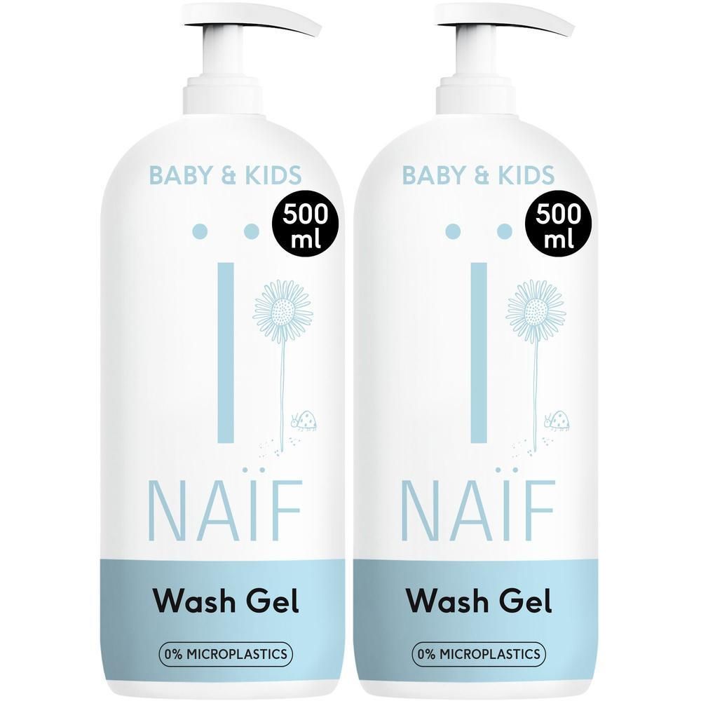 Twee flessen Naïf Wash Gel voor baby en kind, elk 500 ml.
