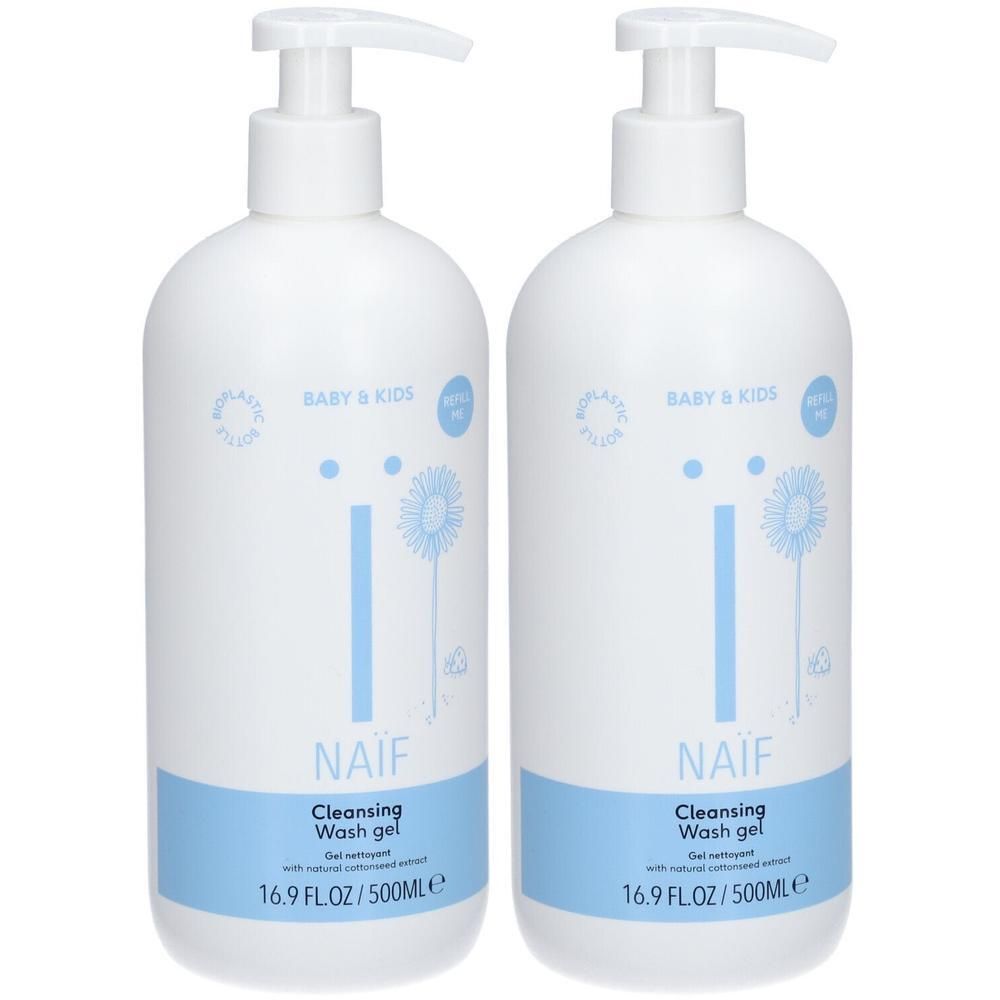 Deux flacons pompe blancs NAÏF® Baby & Kids Gel Lavant Douche, 500ml.