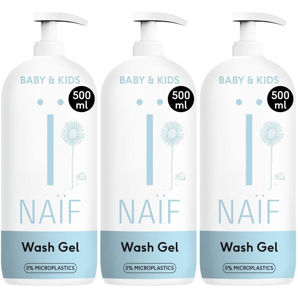 Drie witte pompflesjes Naïf Wash Gel voor baby en kind, 500 ml.