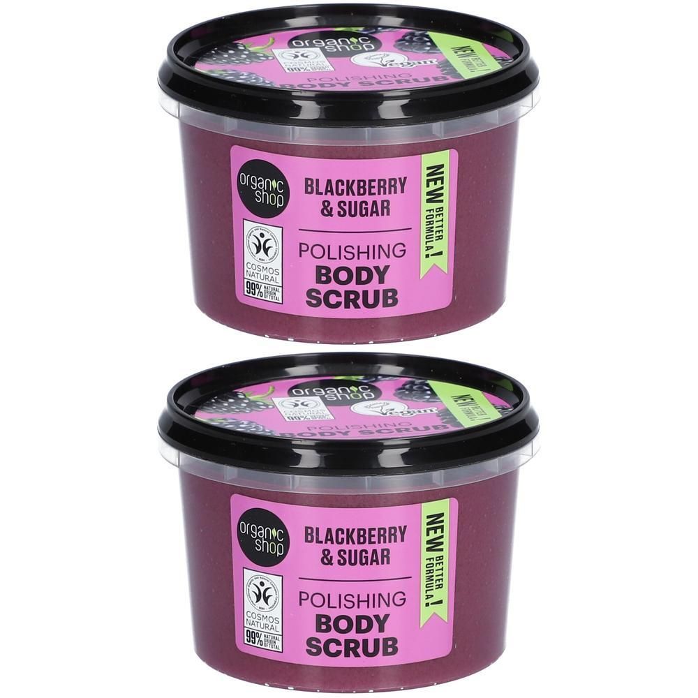 Deux pots de gommage corporel polisssant Mûre & Sucre de la marque Organic Shop.