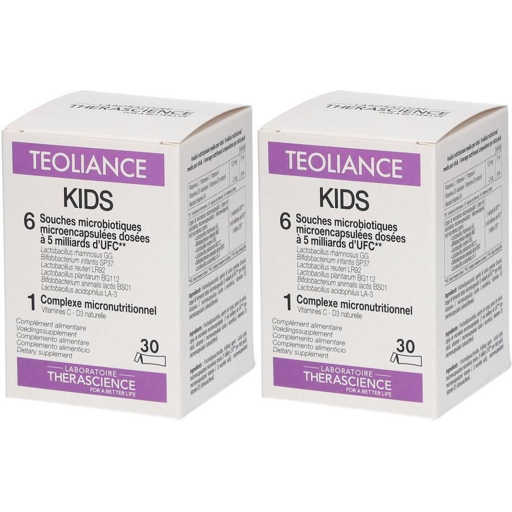 Twee doosjes Teoliance Kids met 6 micro-ingekapselde microben per doosje.