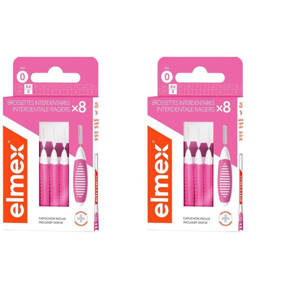 Deux paquets de brossettes interdentaires Elmex, taille 0, roses, 8 pièces par paquet.