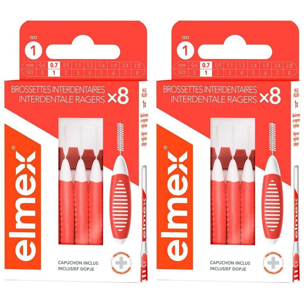 Twee pakken Elmex interdentale ragers, maat 1 (0,7 mm), 8 stuks per pak.
