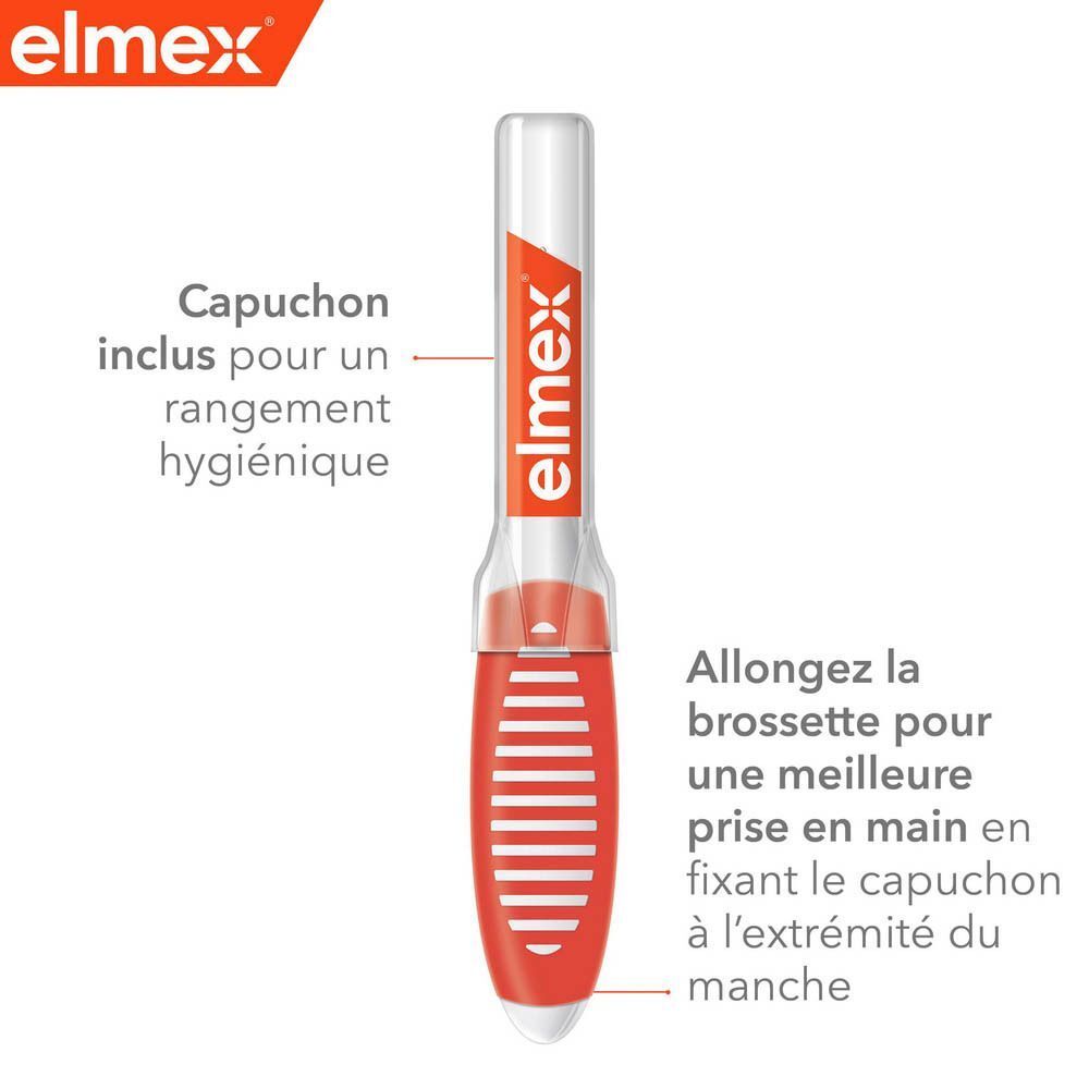 Brossette interdentaire Elmex avec manche ergonomique et capuchon inclus pour un rangement hygiénique.