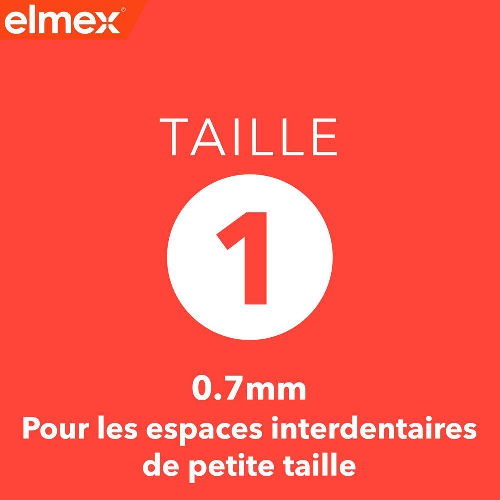 Brossette interdentaire Elmex Taille 1 (0,7 mm) pour les petits espaces interdentaires.