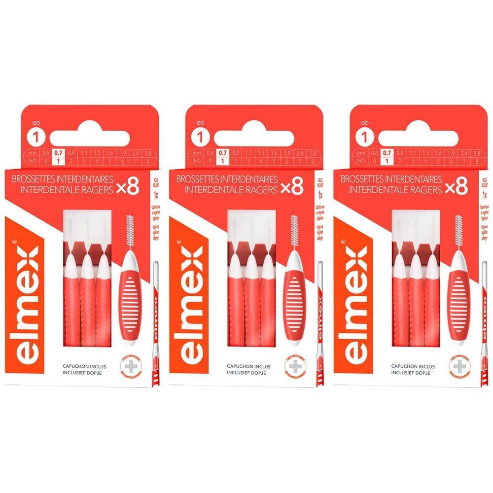 Trois paquets de brossettes interdentaires Elmex, taille 1 (0,7 mm), 8 brossettes par paquet.