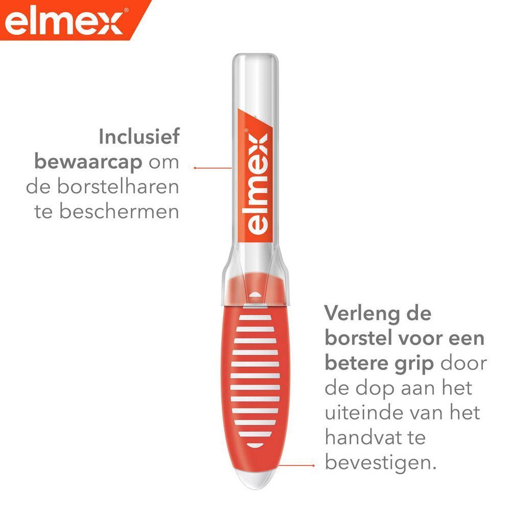 Elmex borsteltje met beschermkap voor hygiënische opslag en ergonomisch handvat.
