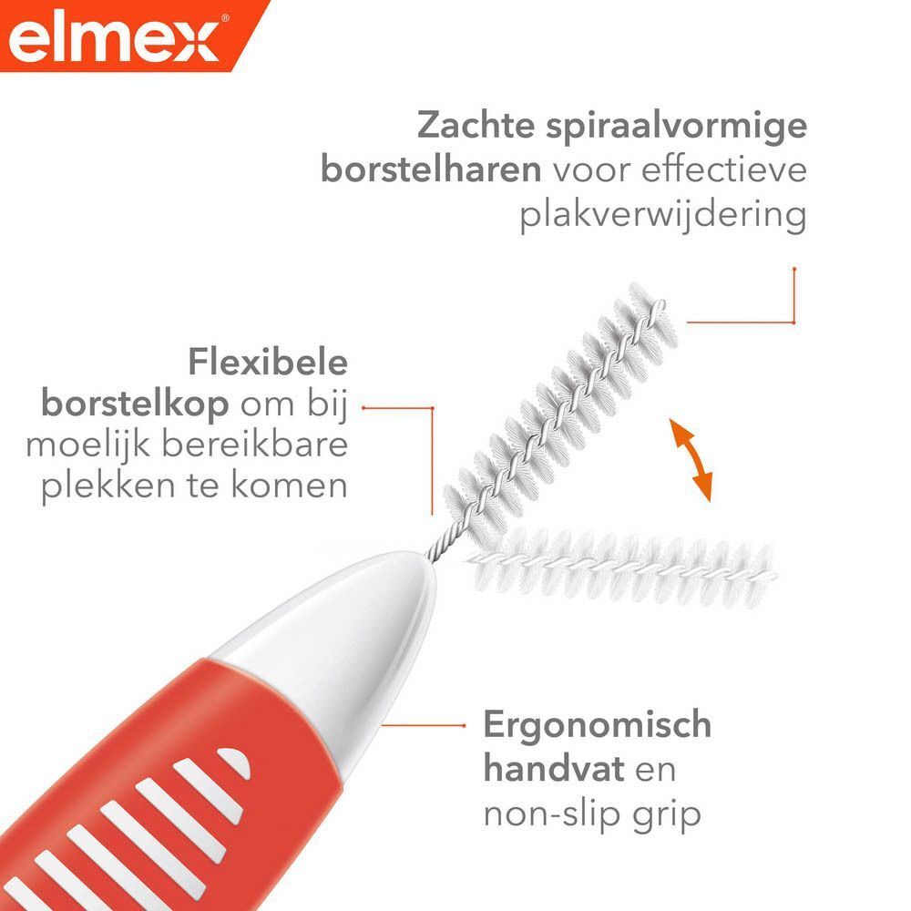 Elmex borsteltje: flexibele kop, spiraalvormige borstelharen voor effectieve plakverwijdering.