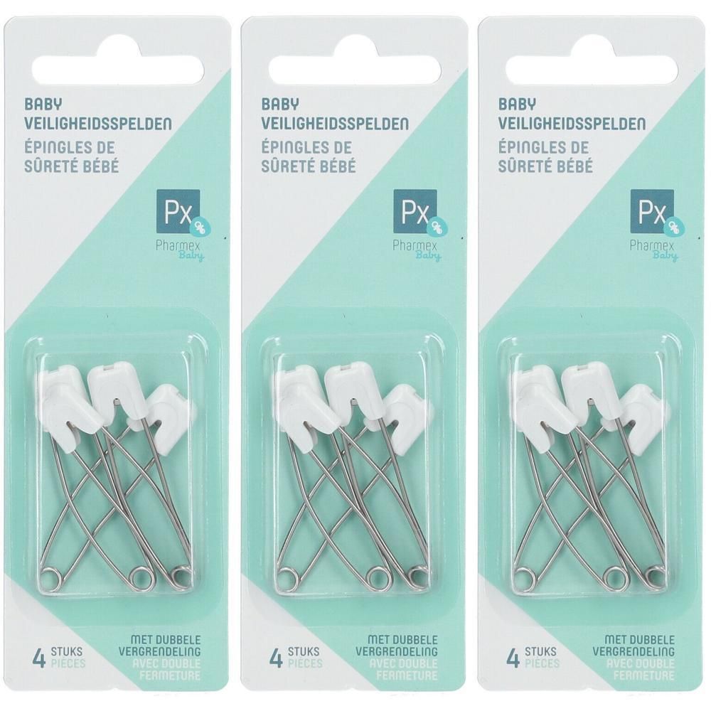 Drie pakken van 4 baby veiligheidsspelden met wit tand-design en dubbele vergrendeling.