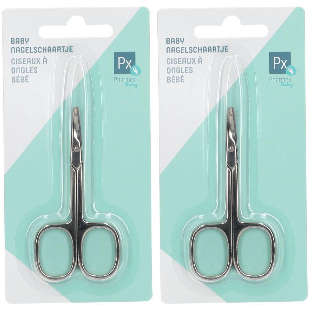 Deux ciseaux à ongles pour bébé sous blister. Métal, couleur argent.