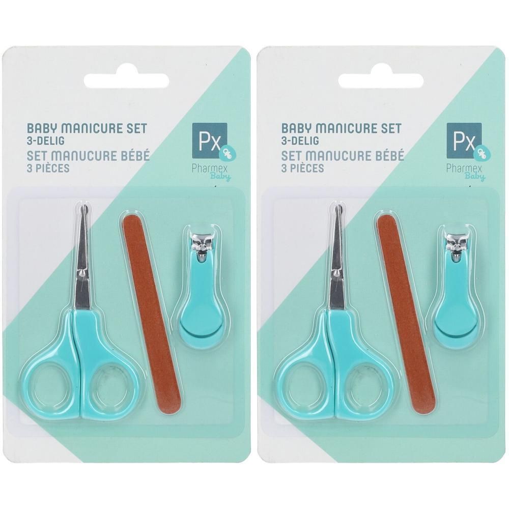 Set manucure bébé 3 pièces : ciseaux, lime et coupe-ongles turquoise.