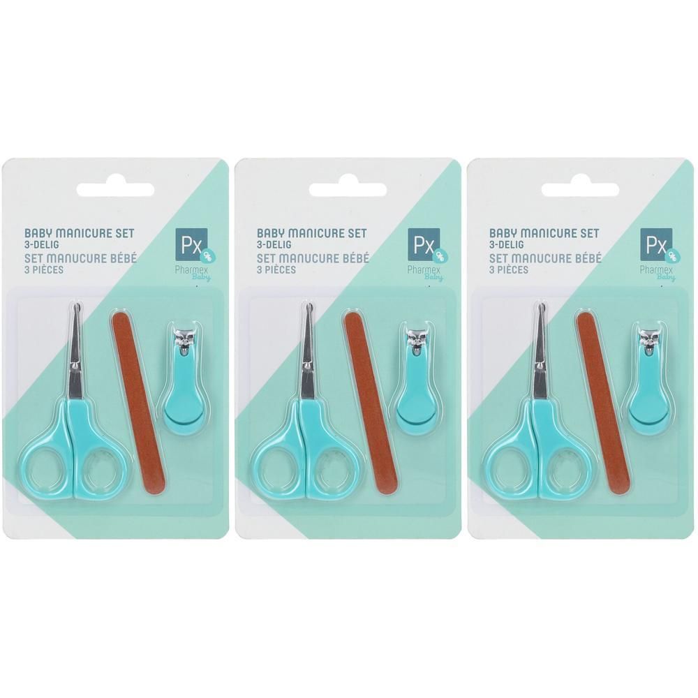 Set de manucure pour bébé avec ciseaux, lime à ongles et coupe-ongles turquoise.