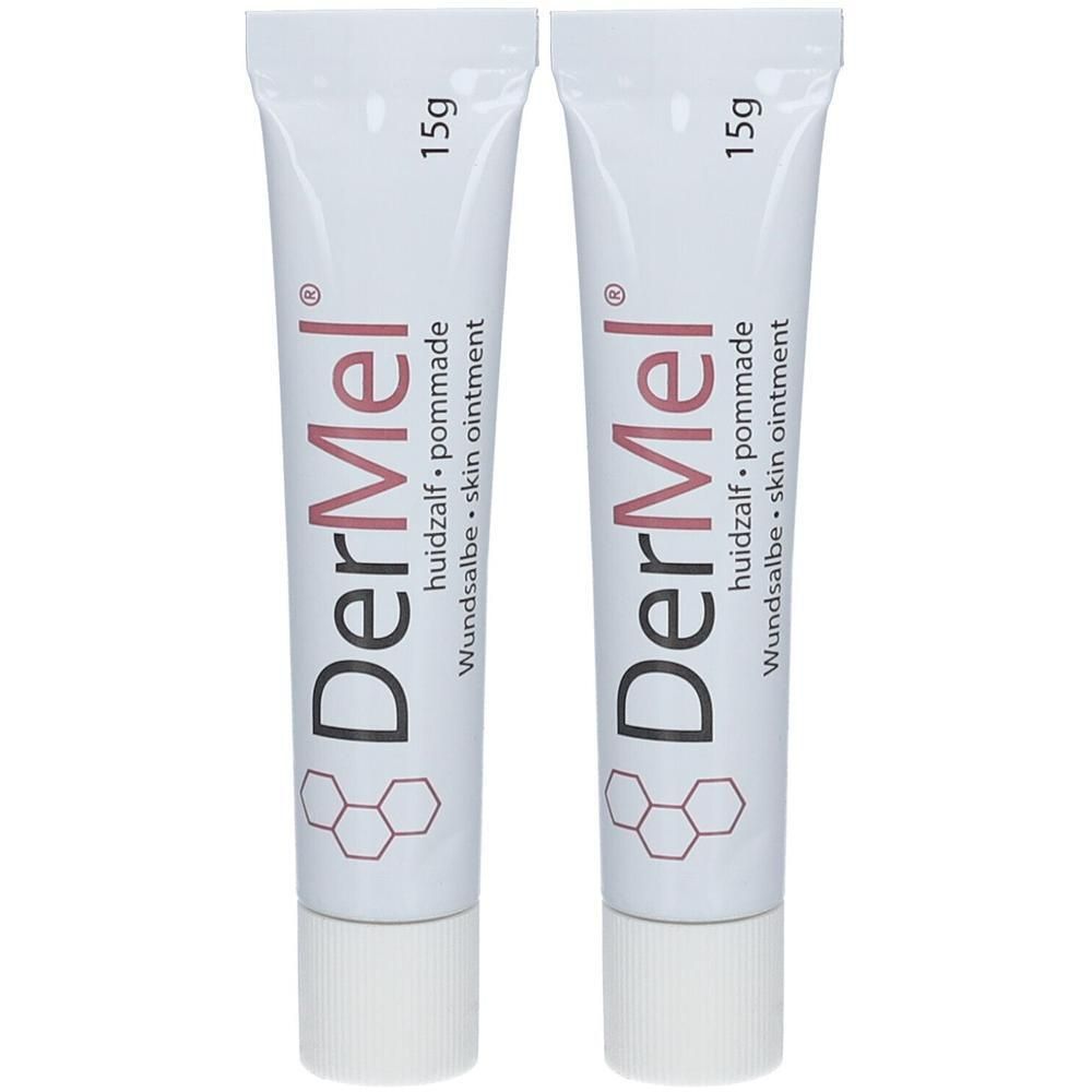 Twee tubes Dermel huidzalf, elk 15g. Witte tubes met rode belettering en honingraatpatroon.