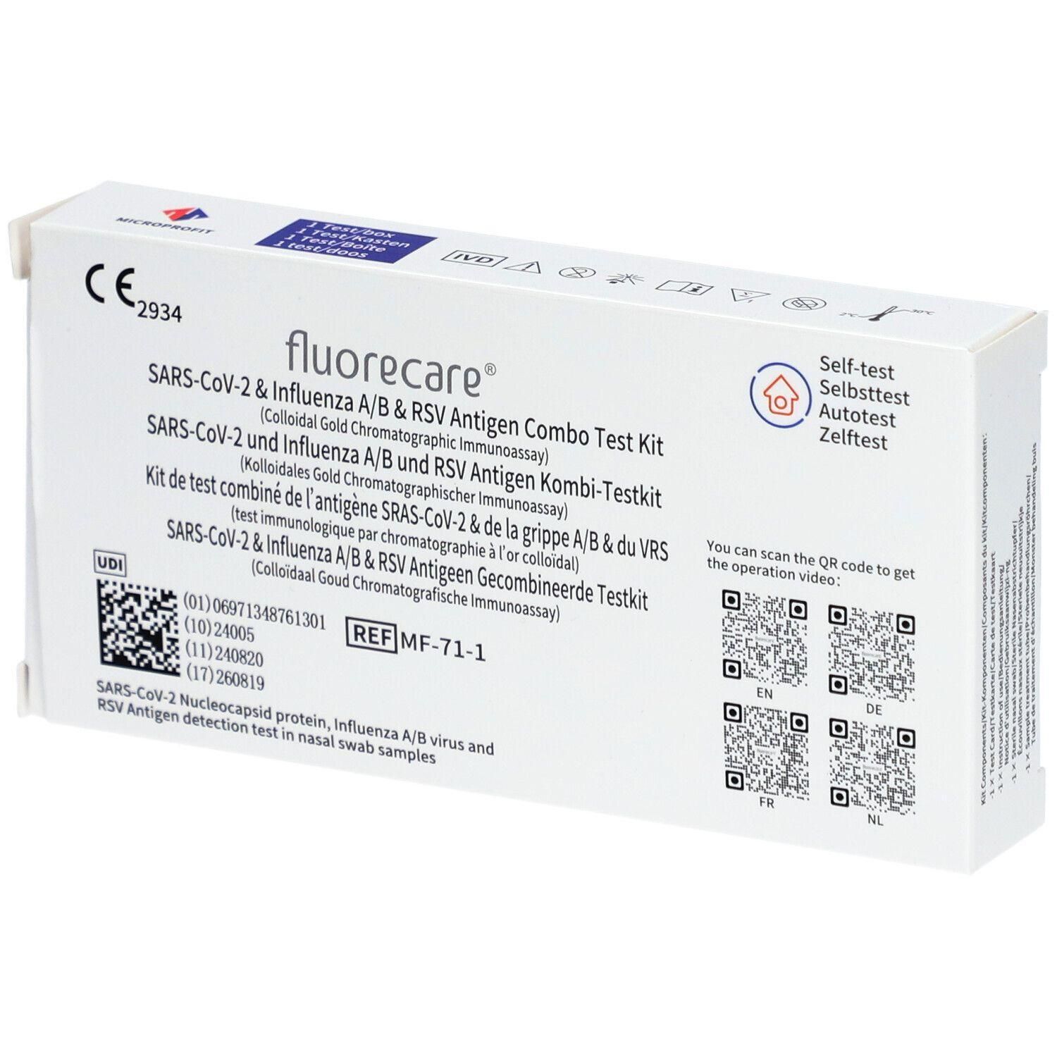 Fluorecare SARS-CoV-2 & Influenza A/B & RSV Antigeen Combi-testkit. CE 2934 gecertificeerd.