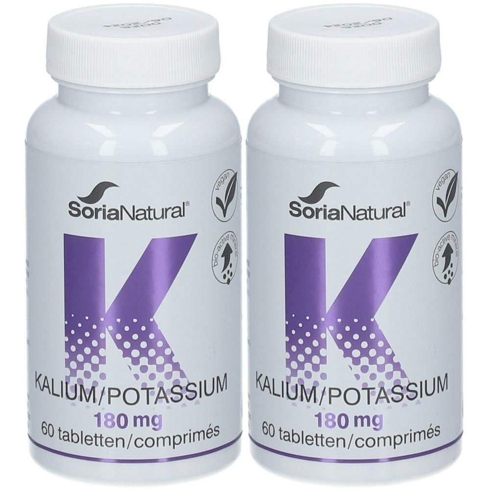 Deux flacons Soria Natural Kalium/Potassium 180 mg, 60 comprimés par flacon.