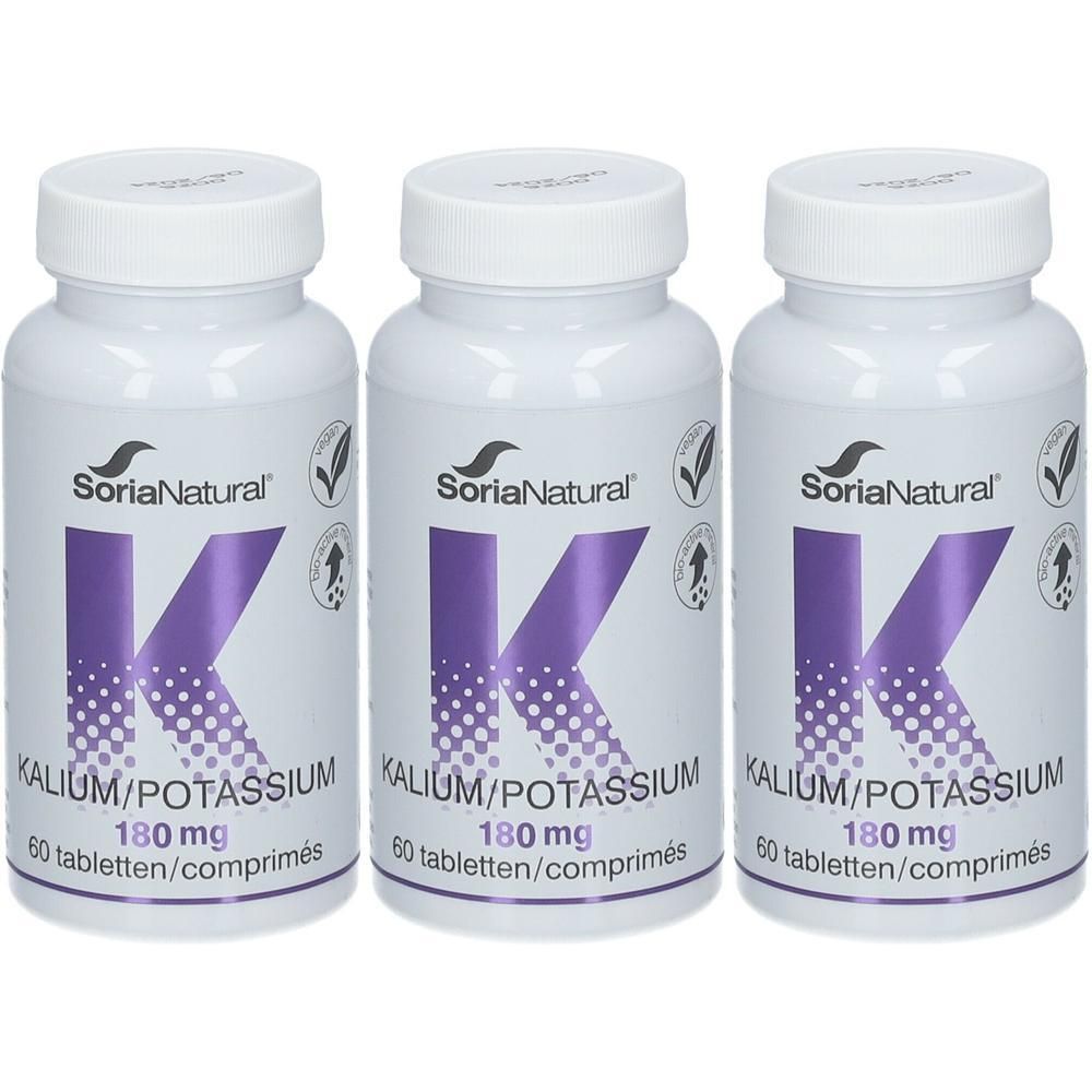 Trois flacons Soria Natural Kalium/Potassium 180 mg, 60 comprimés par flacon.