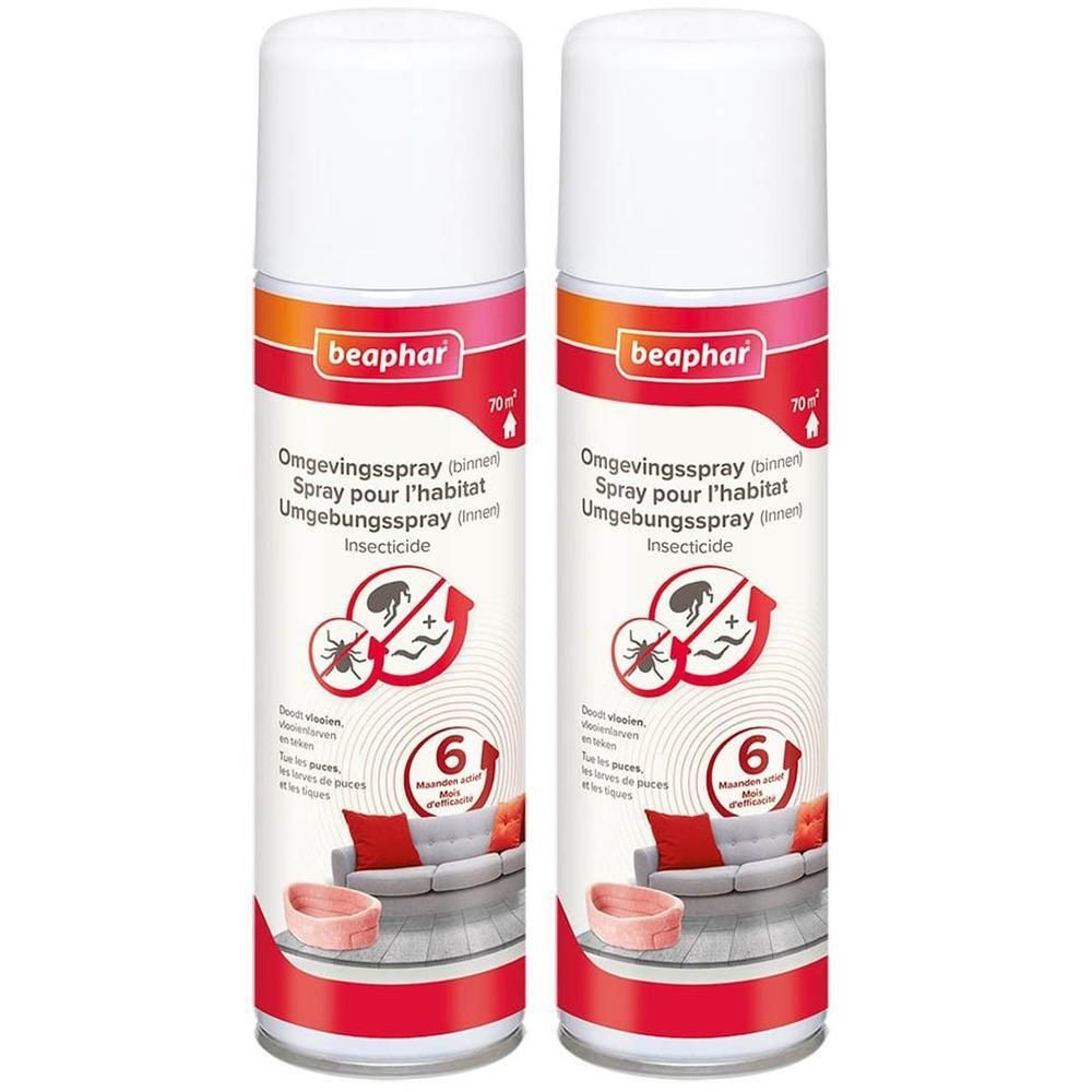 Deux sprays Beaphar insecticide pour l'habitat, avec symboles d'élimination des insectes et protection de 6 mois.