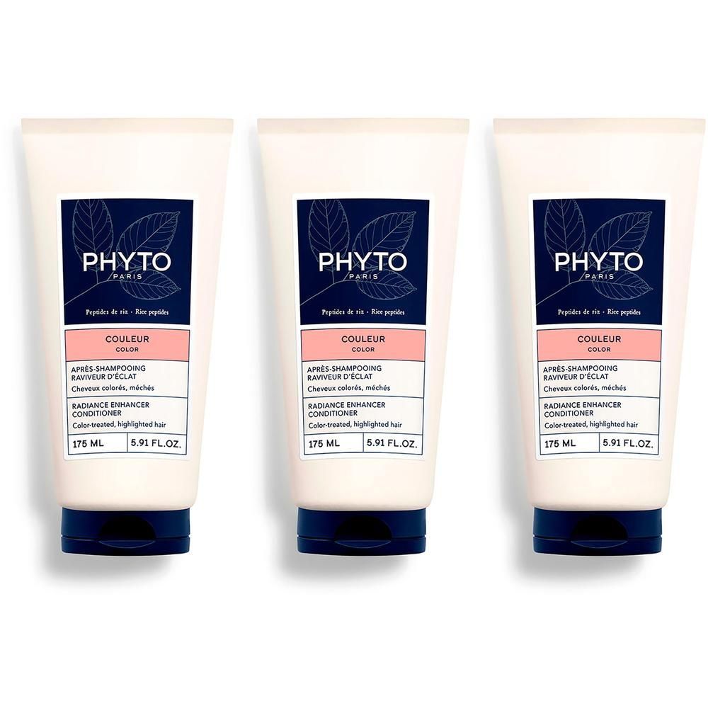 Trois tubes de Phyto Couleur Après-Shampooing Raviveur d'Éclat, étiquetés 'Phyto Paris' et 'Couleur Couleur'.