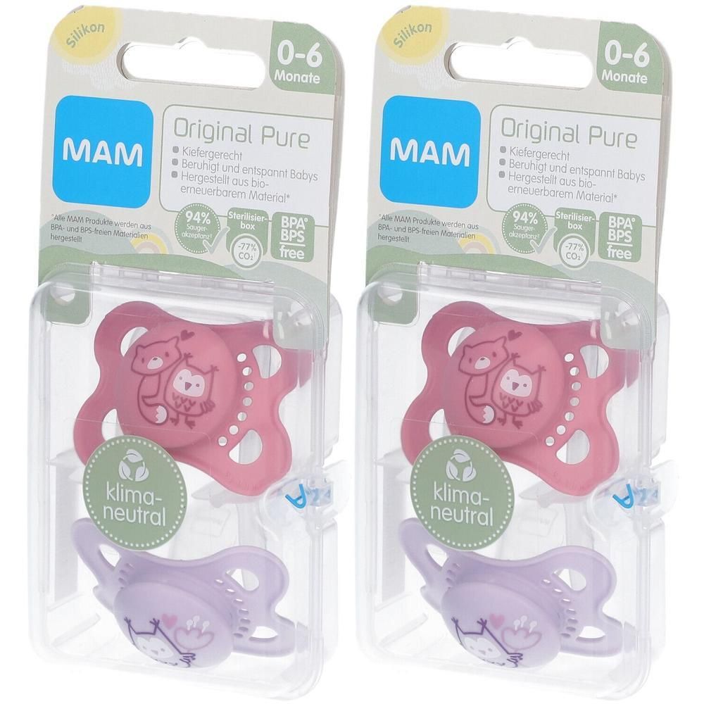 Twee MAM Original Pure siliconen fopspeen 0-6 maanden, roze en paars, met dierenmotief.