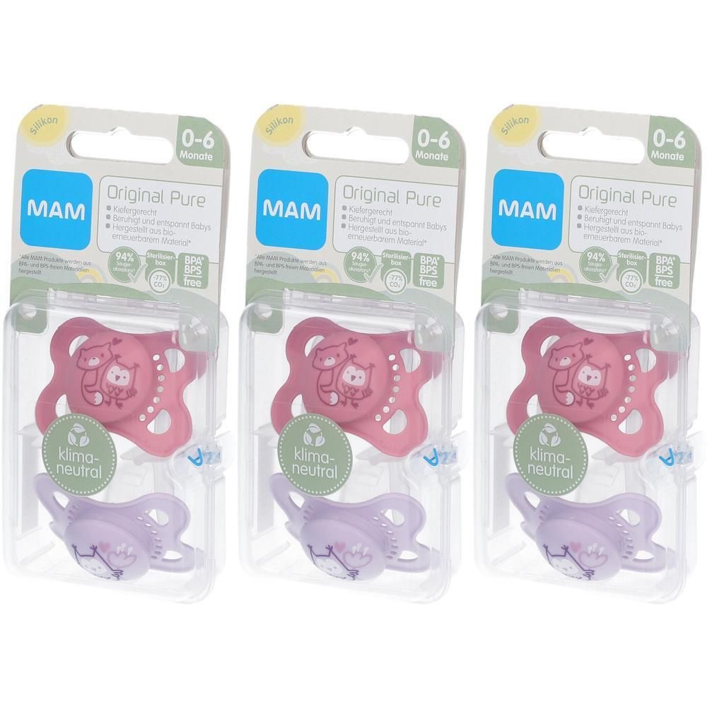 Trois sucettes MAM Original Pure Rose et Mauve, 0-6 mois, emballées pour la vente au détail.