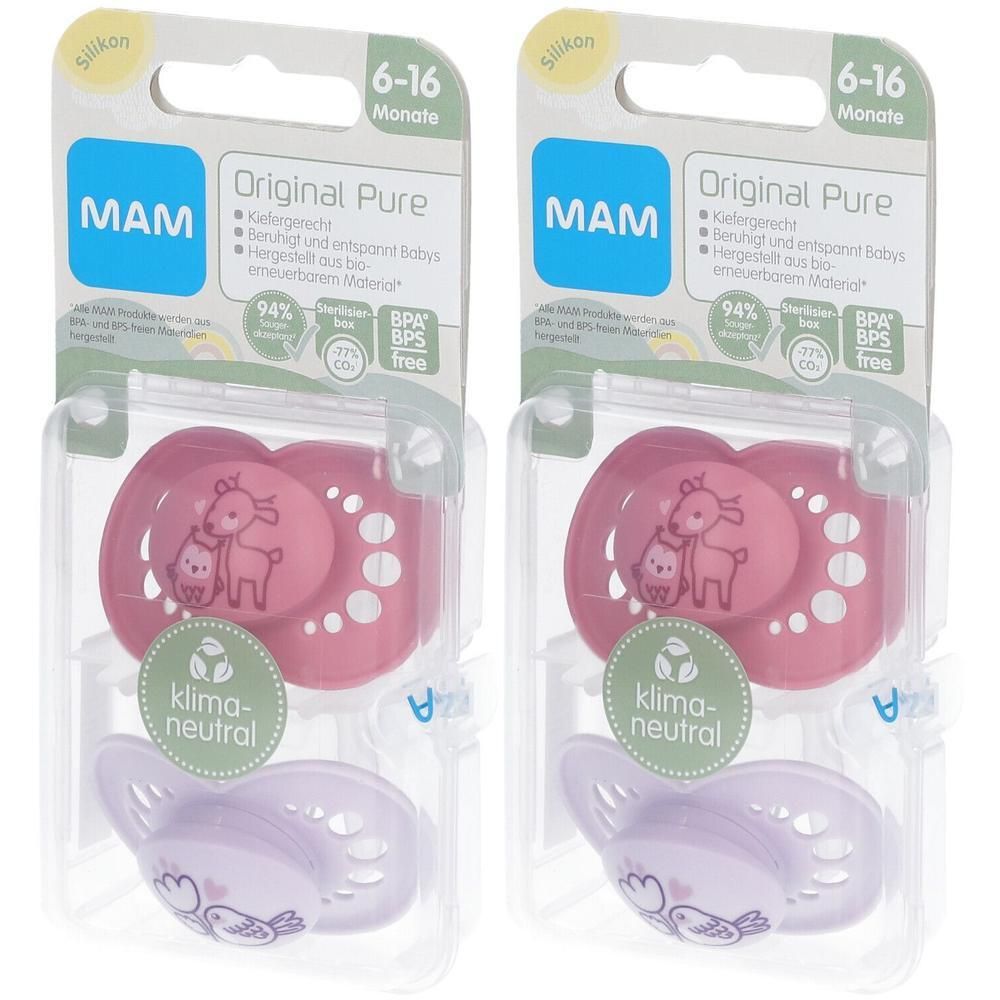 Twee MAM Originale Pure fopspenen van siliconen, 6-16 maanden. Roze met hert-motief en paars met vogel-motief.