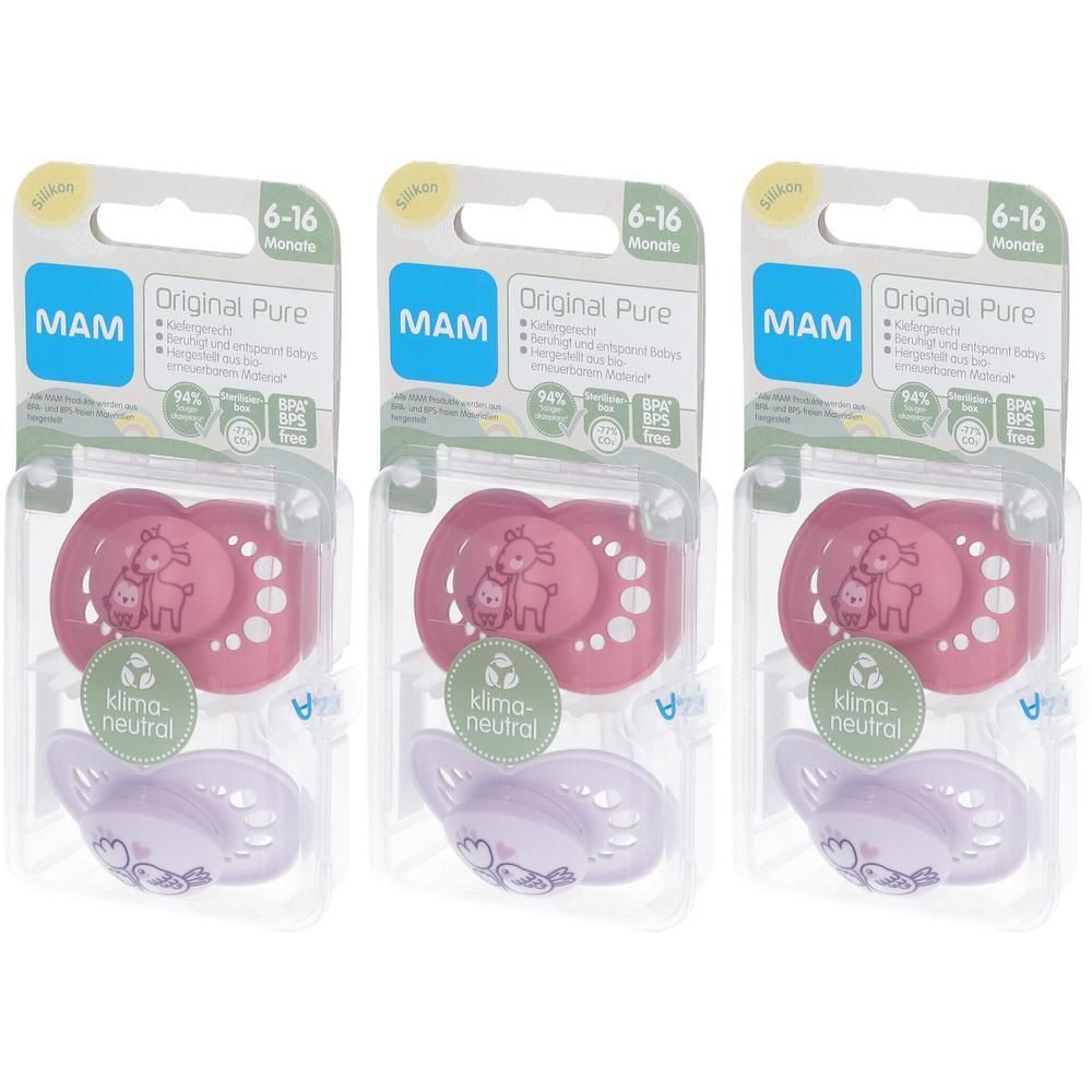 Trois sucettes MAM Original Pure Rose et Mauve, 6-16 mois, avec motif girafe.
