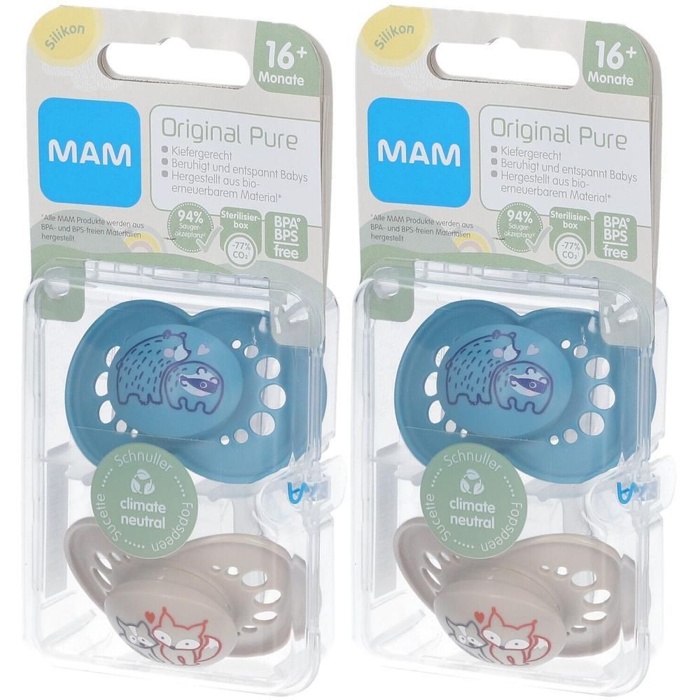 Deux sucettes MAM Original Pure en silicone, bleu et beige, motifs animaux, dès 16 mois.