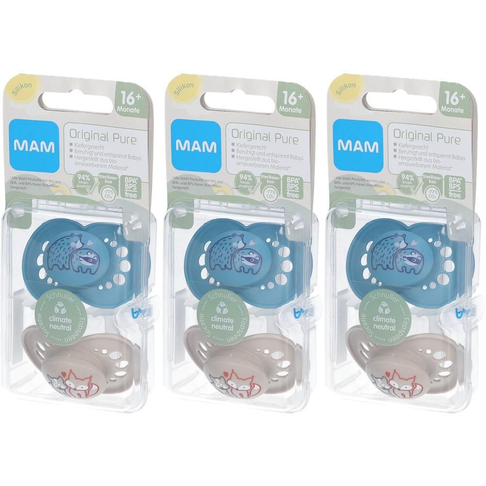 Trois sucettes MAM Original Pure bleues et beiges avec motifs d'animaux, pour bébés dès 16 mois.