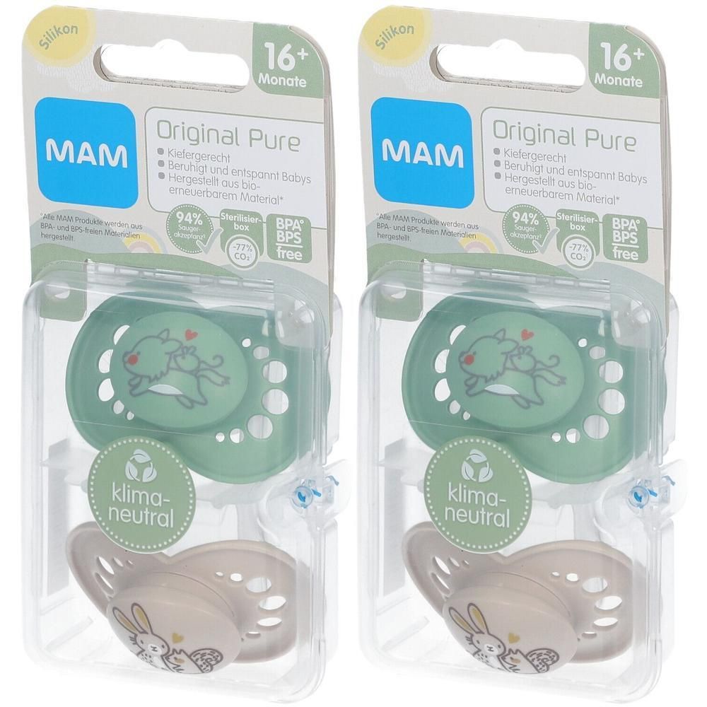 Twee MAM Original Pure fopspenen van siliconen, 16+ maanden, groen en beige met dierenprint.