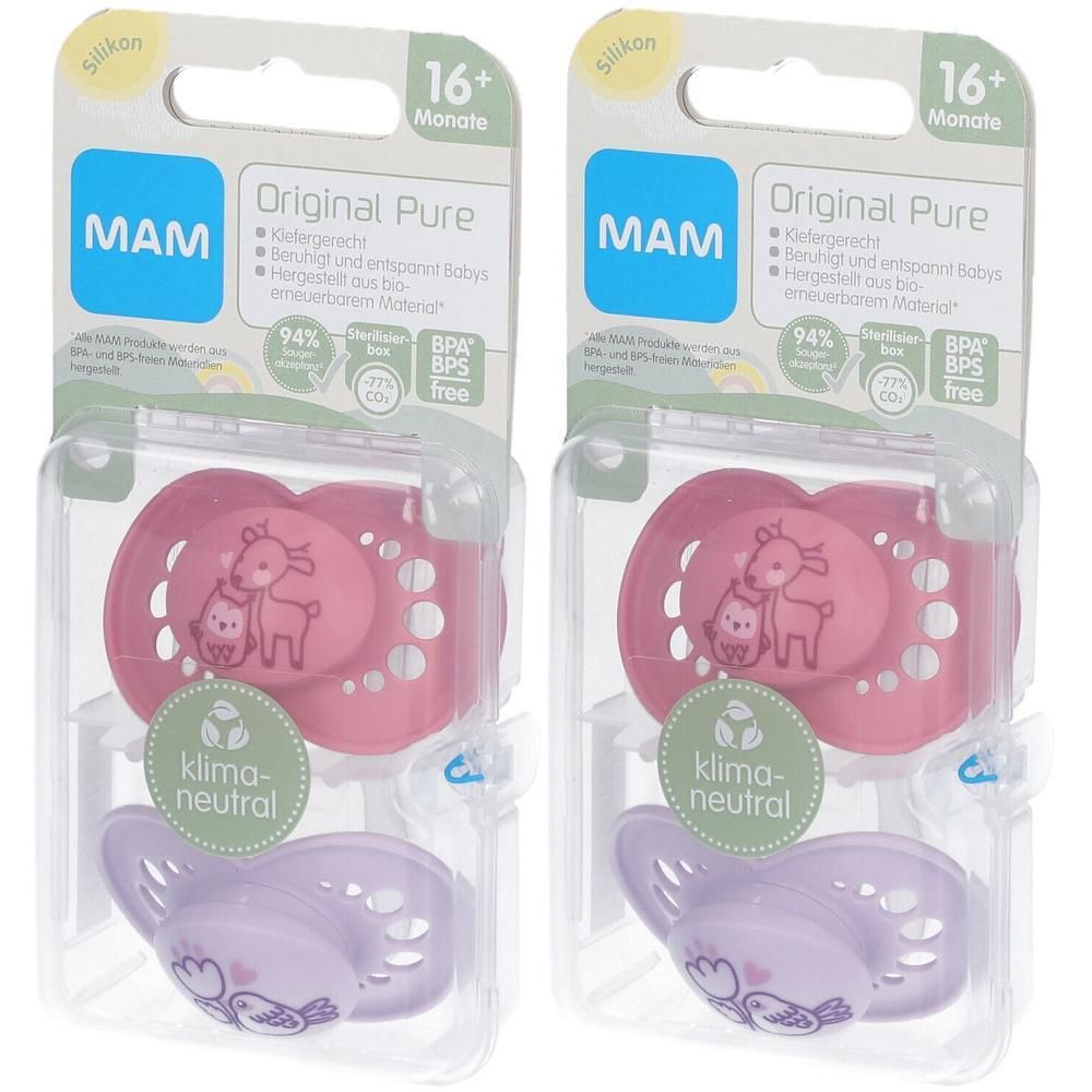 Twee MAM Original Pure fopspeen, 16+ maanden. Eén roze, één paars. Beide met dierenprint.