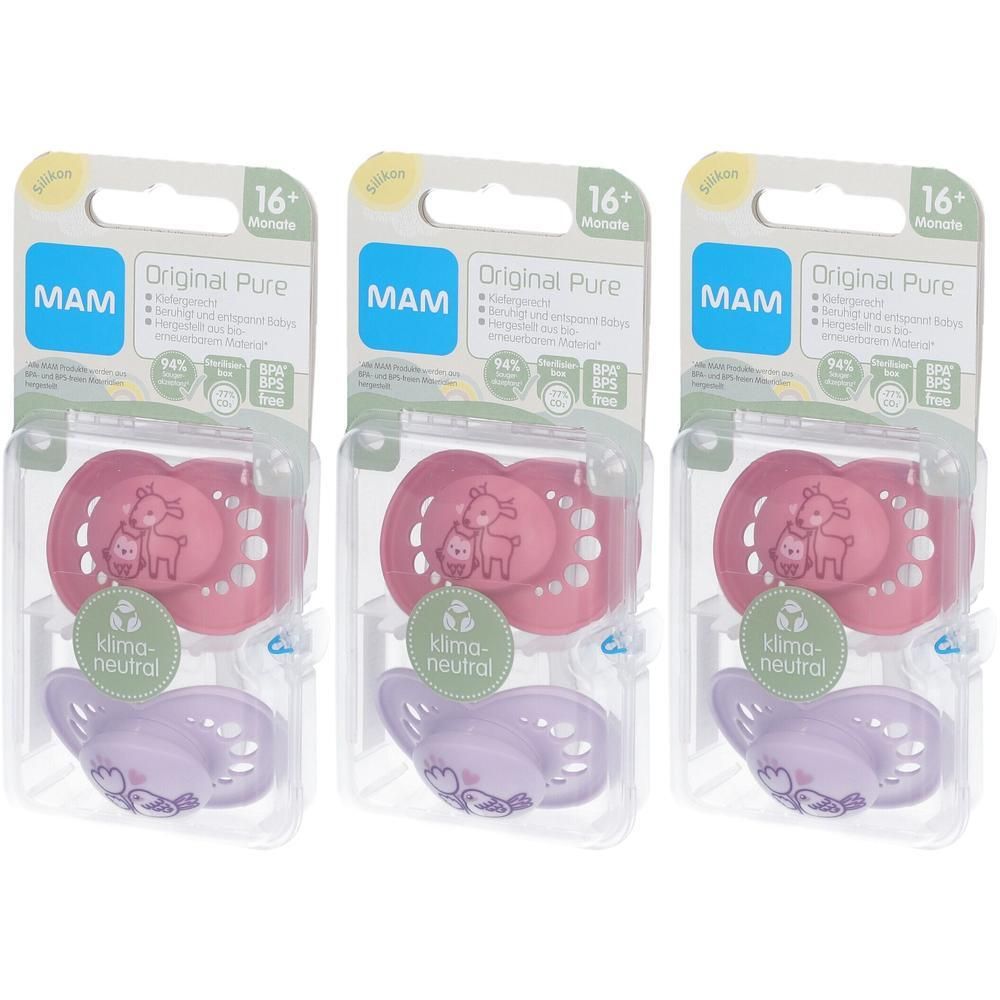 Drie MAM Original Pure fopspeentjes in roze en paars, voor baby's vanaf 16 maanden.