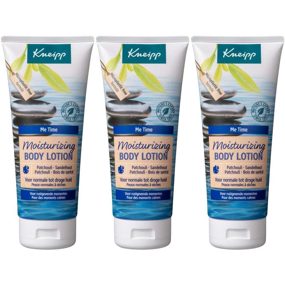 Trois tubes de Lait Corps Hydratant Kneipp Patchouli - Bois de Santal.