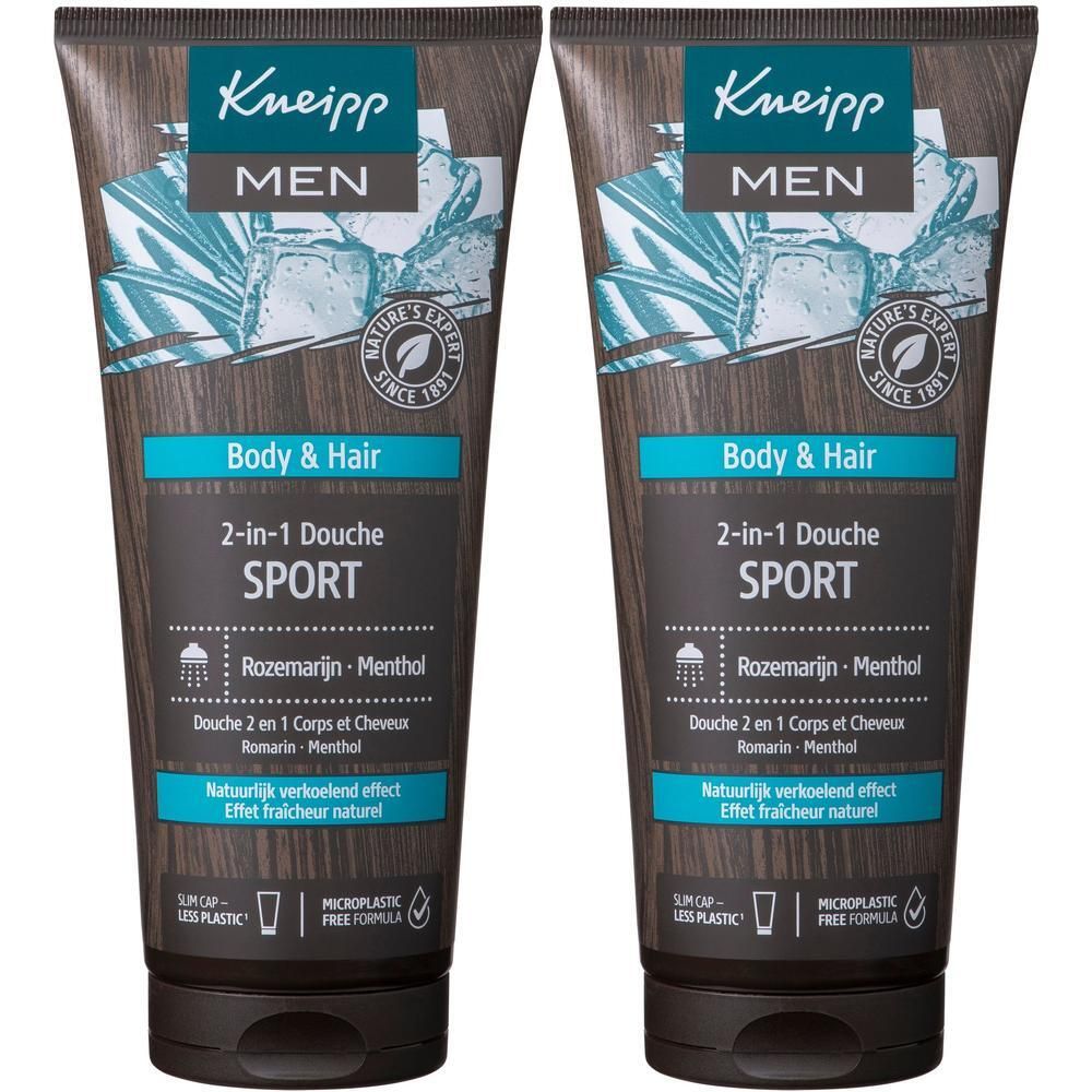 Deux flacons de gel douche 2-en-1 Kneipp MEN Sport Romarin-Menthol pour corps et cheveux.