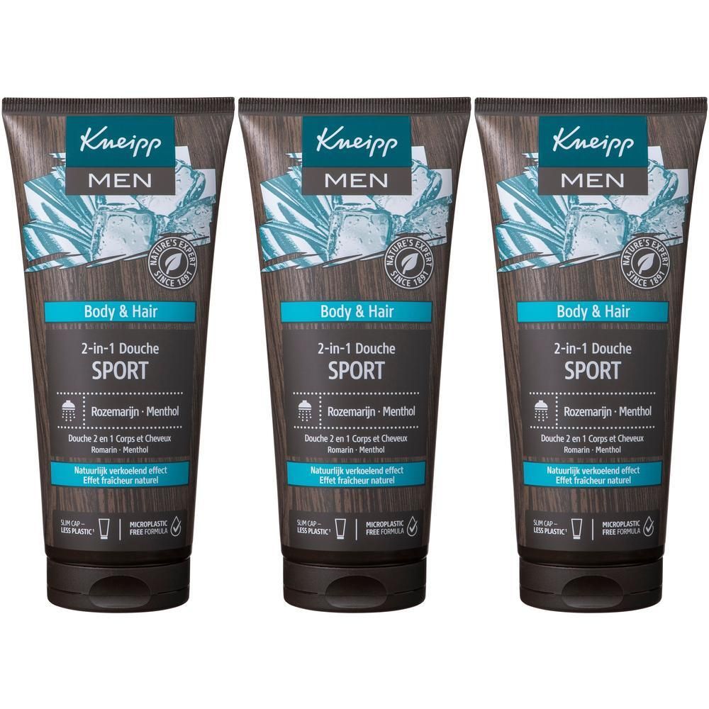 Drie tubes Kneipp Sport 2-in-1 Douchegel voor Lichaam en Haar met Rozemarijn en Menthol.