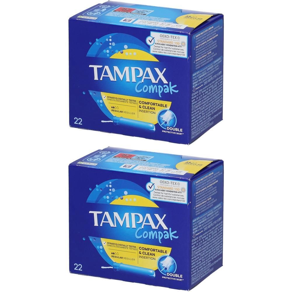 Deux boîtes de tampons Tampax Compak Regular, 22 tampons par boîte.