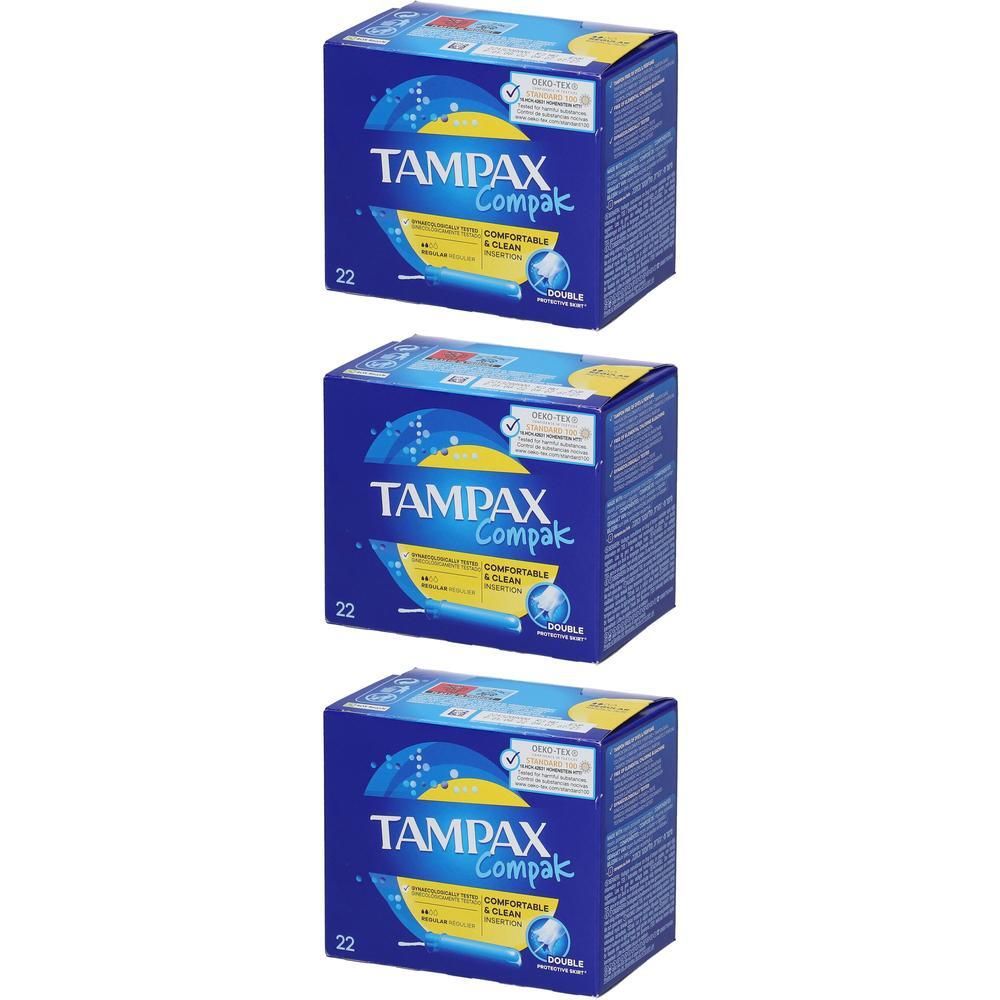 Drie dozen Tampax Compak Regular tampons, 22 stuks per doos.