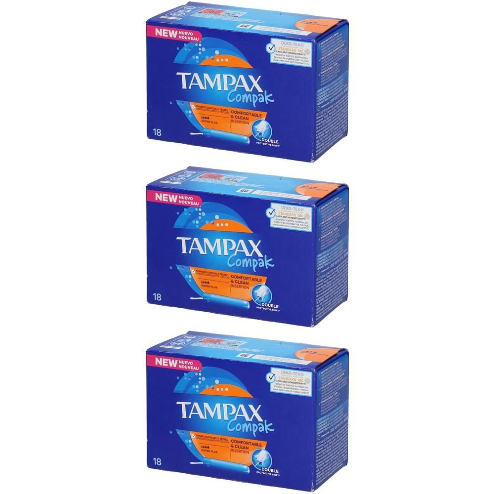 Drie pakken Tampax Compak Super Plus tampons, 18 stuks per pak.