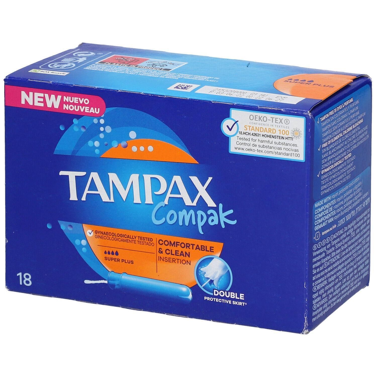 Tampons Tampax Compak Super Plus, 18 unités. Certifié OEKO-TEX STANDARD 100.