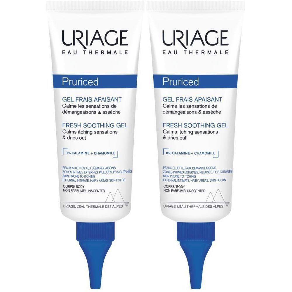 Deux tubes de Gel Frais Apaisant Uriage Pruriced avec applicateur bleu.