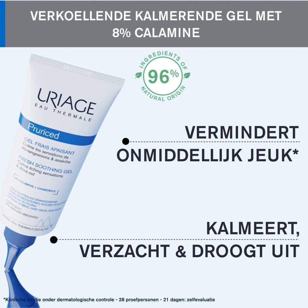 Tube Uriage Pruriced Gel Frais Apaisant met tekst over onmiddellijke verlichting.